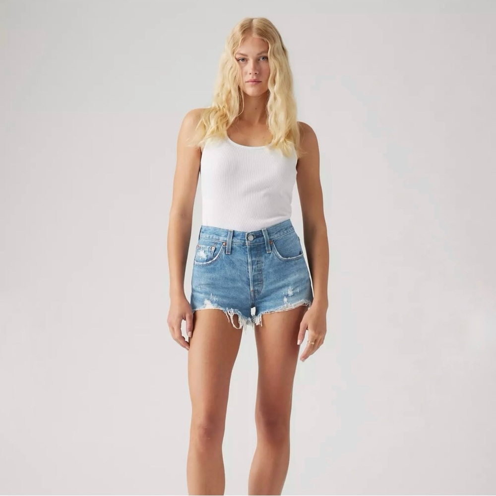 Levi's Light Blue Distressed High-Rise Denim Jean Shorts